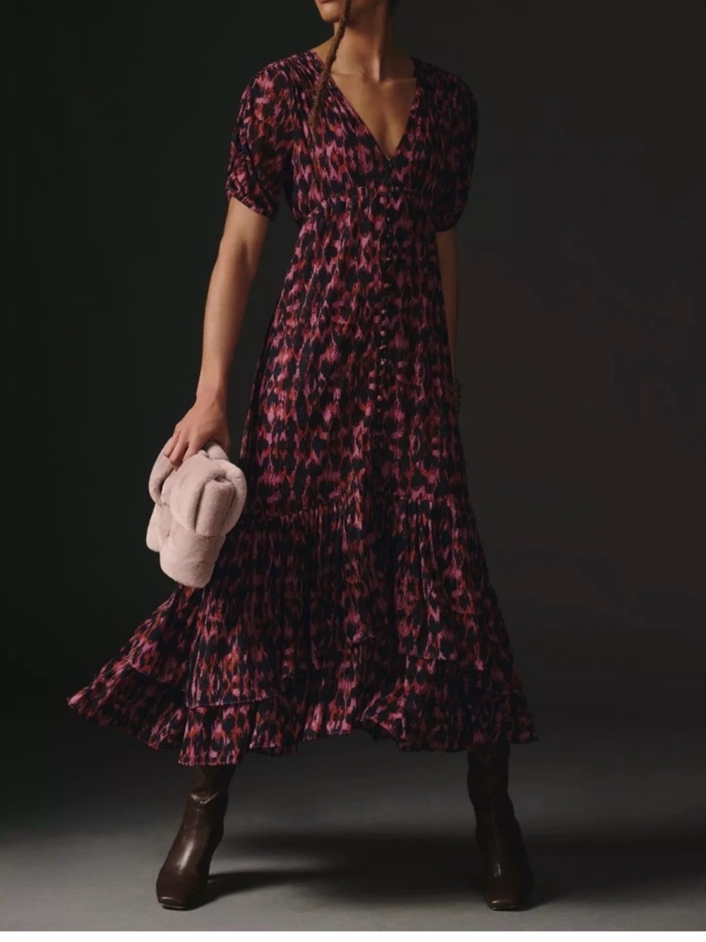 NEW Anthropologie Dark Indigo/Pink Printed Ruched-Sleeve Maxi Dress S